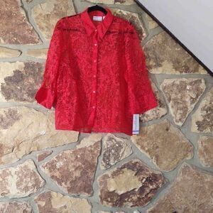 Alfred Dunner Petites Sheer Persimmon Lace‎ Button Up Sz 18P
